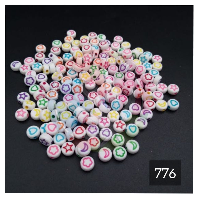 Beads: White Round with Multi Colour Symbols