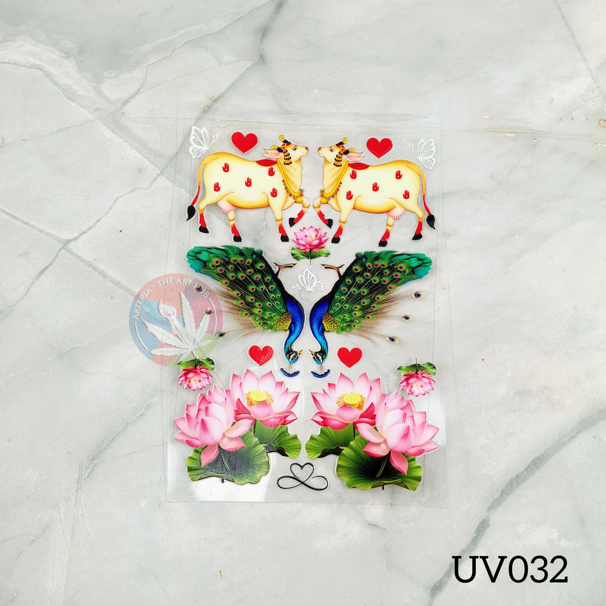 UV DTF Sticker - Mirrored Cow, Peacock & Lotus